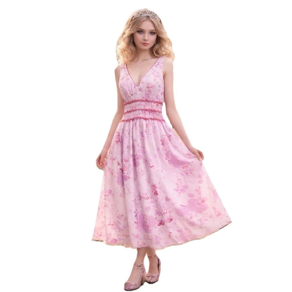 Floral Smocked Dress V-Neck Sleeveless Fairy Prom Party